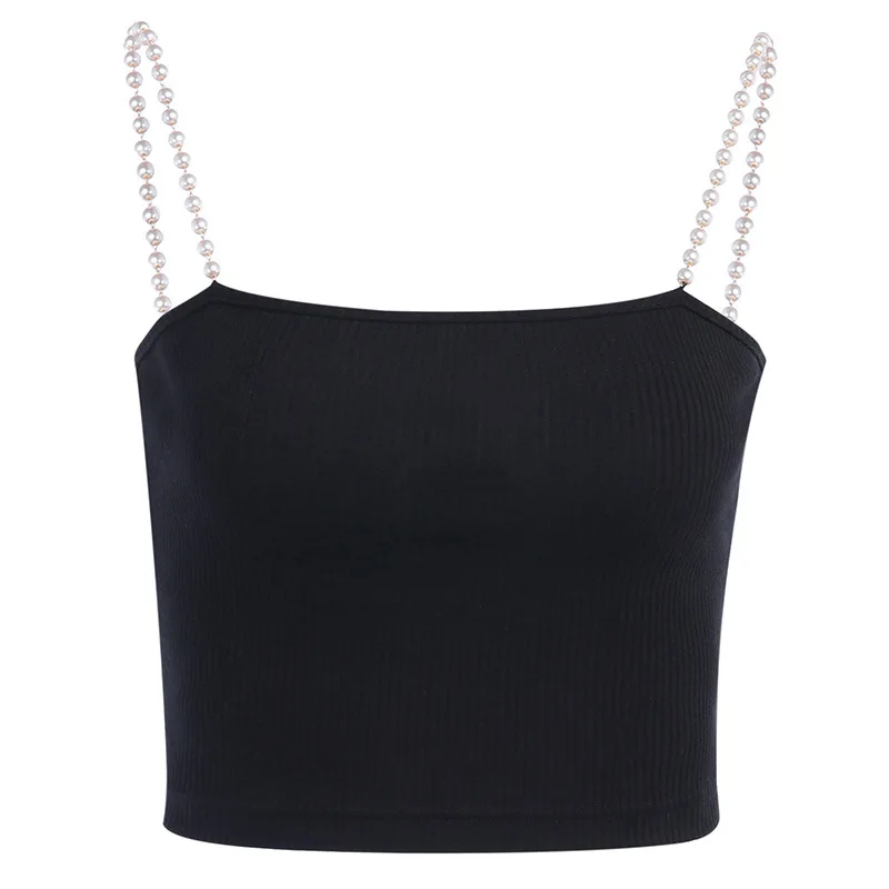 Женский укороченный топ на бретельках с жемчугом элегантный стильный черный