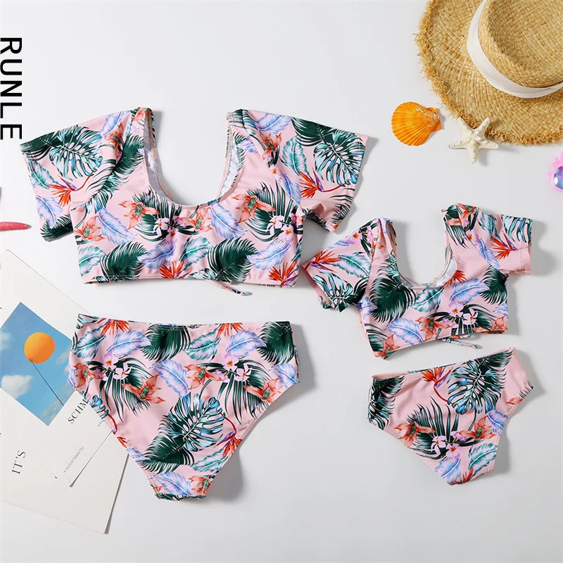 Семейная Одинаковая одежда купальник с принтом бикини купальники для мамы и