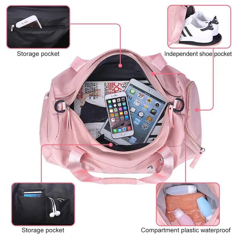 Розовая сумка для фитнеса с блестками Водонепроницаемая спортивная на плечо