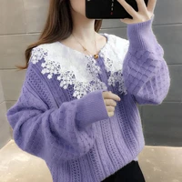 2021 new autumn sweater female korean version loose autumn winter outer wear lace doll collar knit pullover top