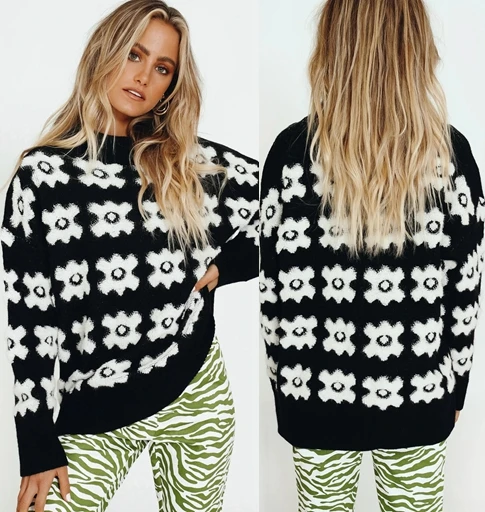 

Women Floral Print Knitted Sweater Pullover 2021 Autumn Winter Female Retro Casual O Neck Long Sleeve Tops Jumper