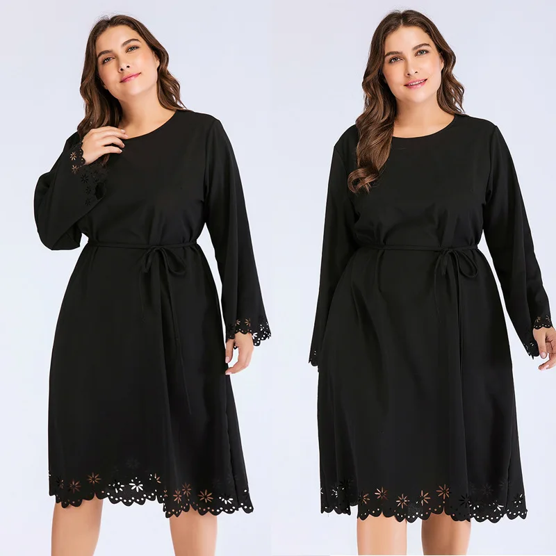 Lucyever размера плюс 4XL черное платье из кружева для женщин с длинным рукавом и