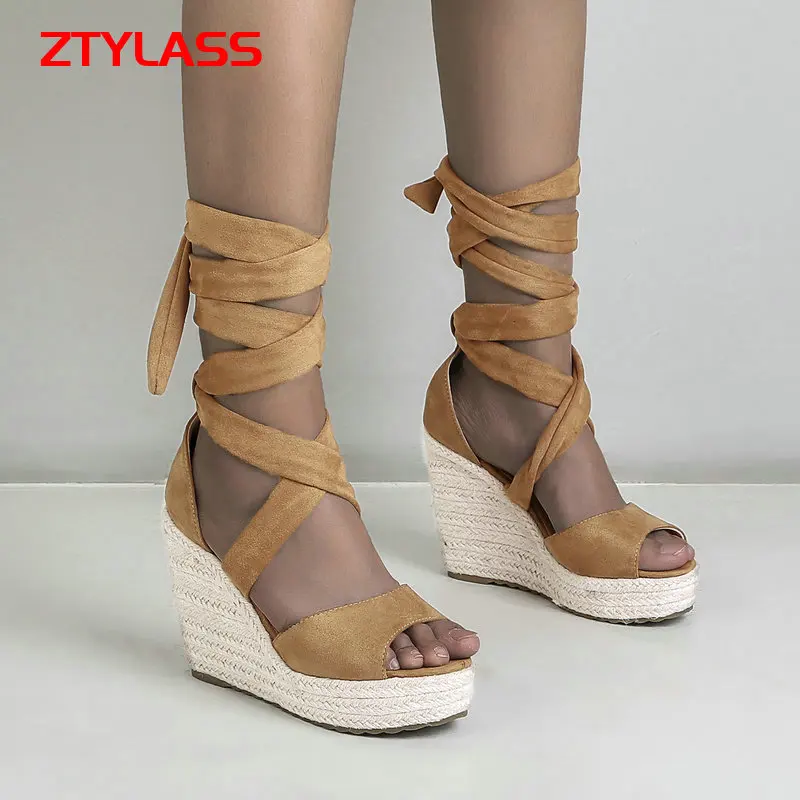 

Sexy Leopard Print Women Sandals Summer Open Toe Lace Up Gladiator Sandals Ladies Wedges High Heel Platform Shoes Woman Big Szie