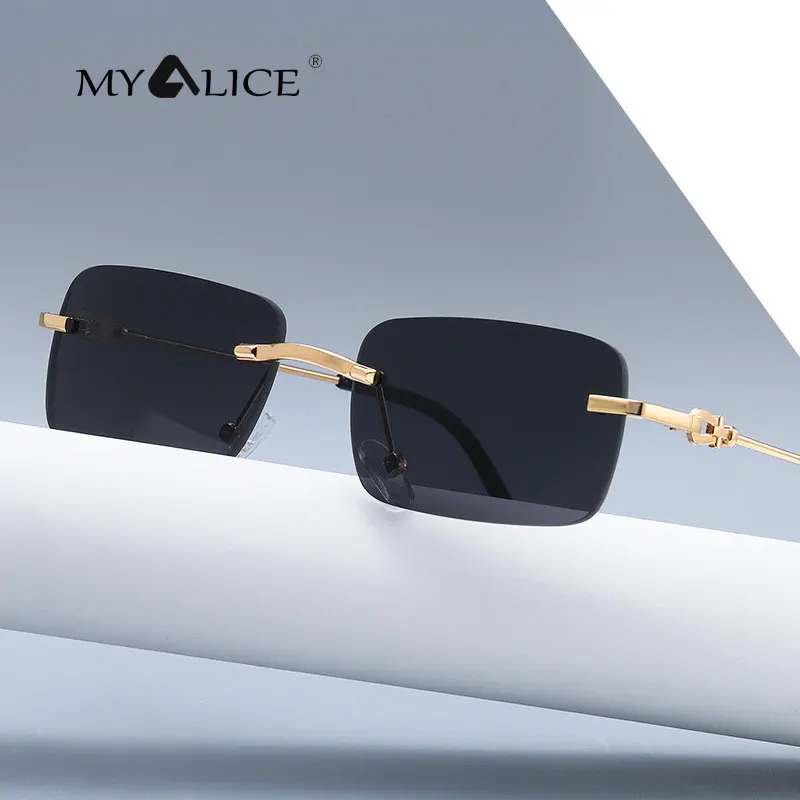 

MYALICE Fashion Retro Small Rimless Personality Sunglasses Metal Carved Glasses legs Popularity Oculos De Sol Feminino UV400