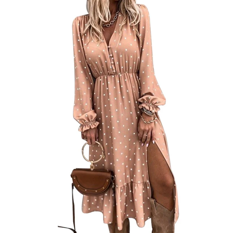 

Fashion V Neck Long Sleeve Polka Dot Casual Midi Dress Women 2021 Spring Autumn Loose Split Office Woman Dresses