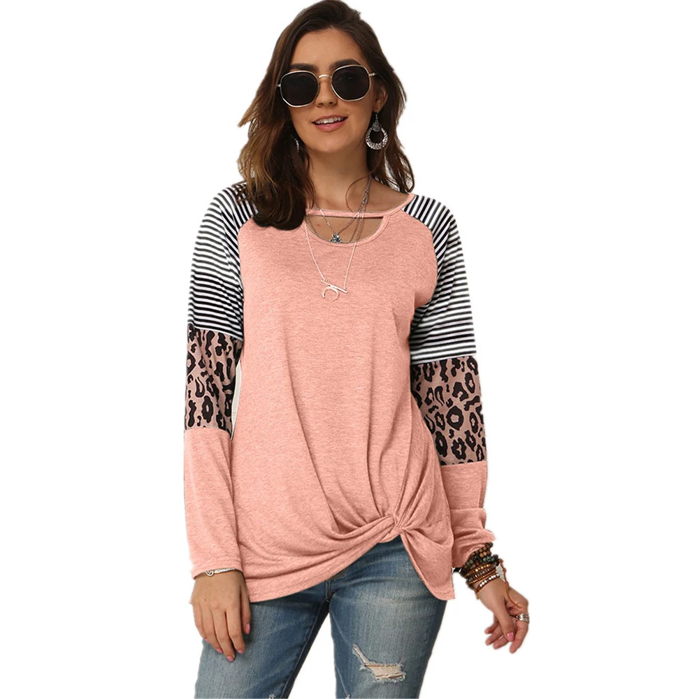 

Autumn and winter new European and American women's leopard print stitching long-sleeved T-shirt