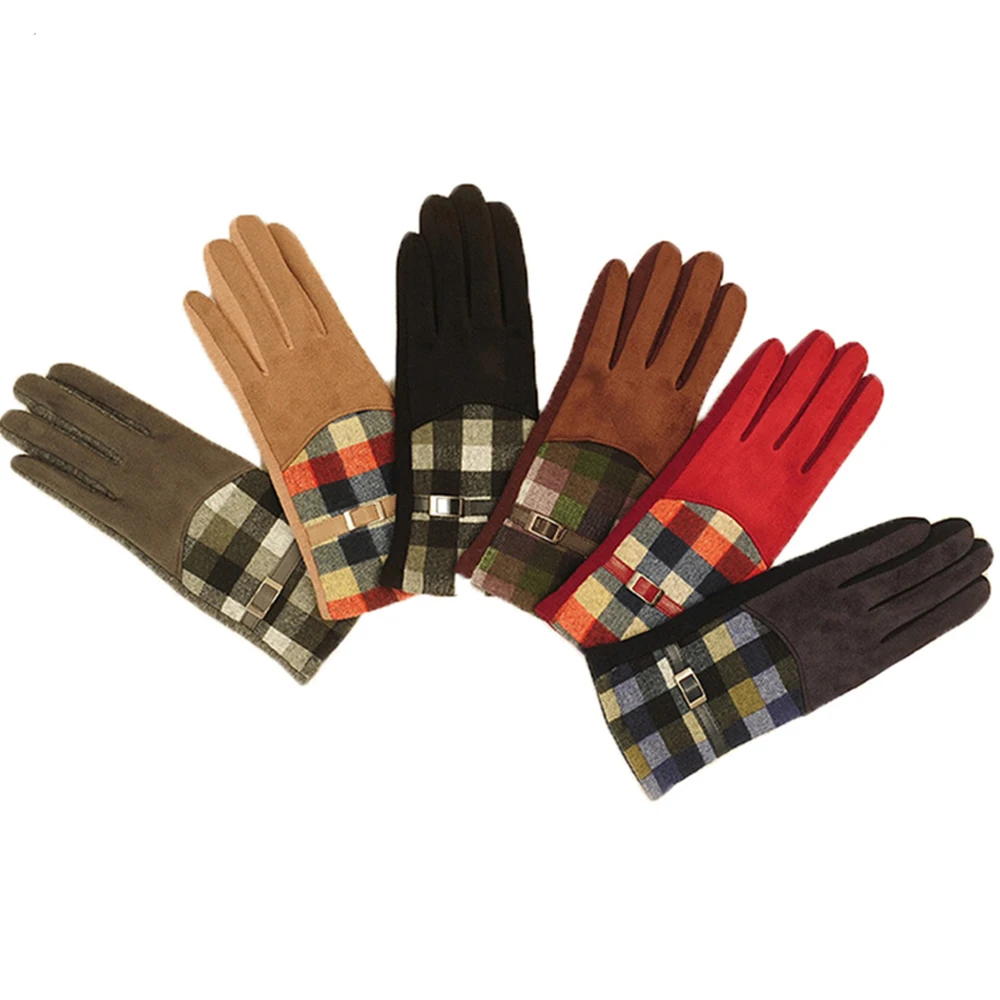 

2022 перчатки осень-зима для женщин плюс бархатные теплые замшевые клетчатые холодные перчатки уличные ветрозащитные тачскрин для вождения