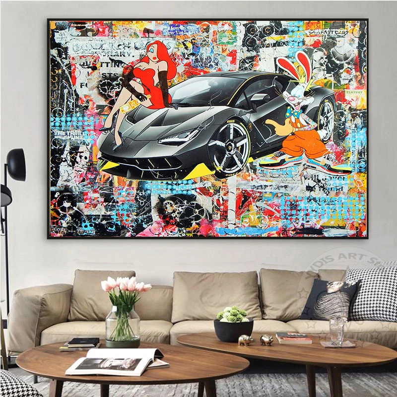 

Graffiti Sexy Women & Supercar Painting Modern Street Pop Luxury Poster Canvas Print Art Picture For Livingroom Home Wall Decor