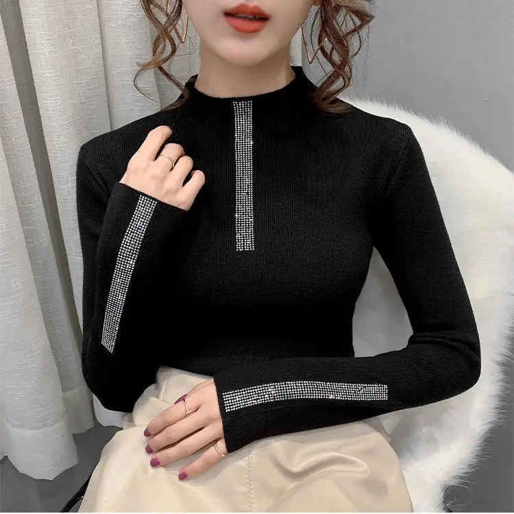 Фото Свитер Стразы женский с ложным воротником Модный облегающий пуловер в Корейском