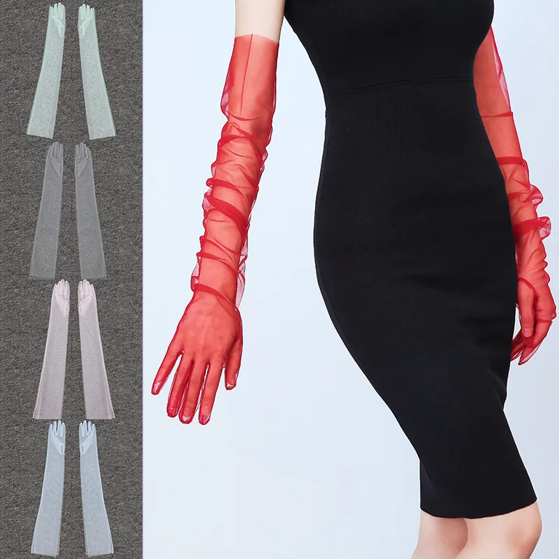 

2pcs Women's Fashion Tulle Plain Bridal Dress Gloves Solid Color Long Outdoor Anti-Sai Beach Driving Dress Gloves J6W0035