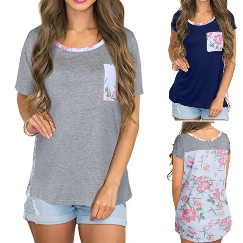 

Summer Fashion Women Clothes Flower Short Sleeve Loose Blouse Tops T-shirt S-XXL