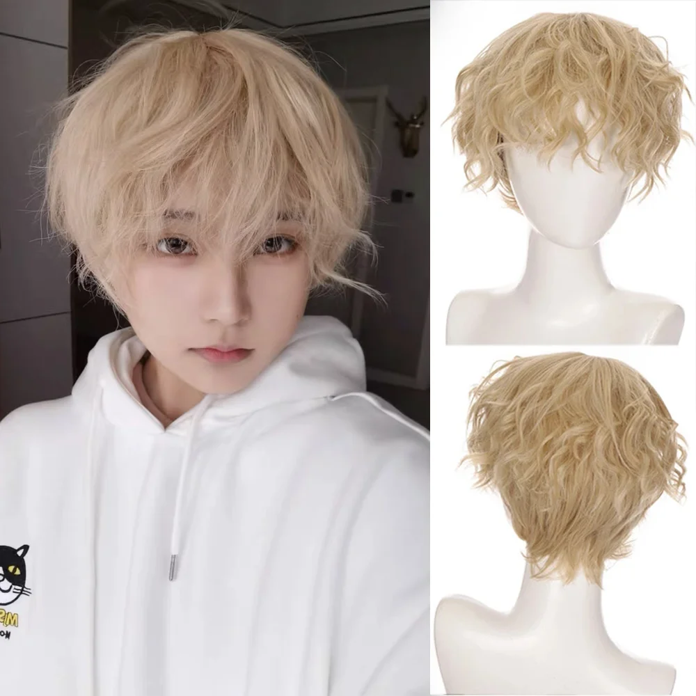 

FGY Fashion Men's Gold Short Curly Synthetic Wig, Handsome Men with Bangs, Cosplay, Heat-resistant Synthetic Wig + Wig Cap