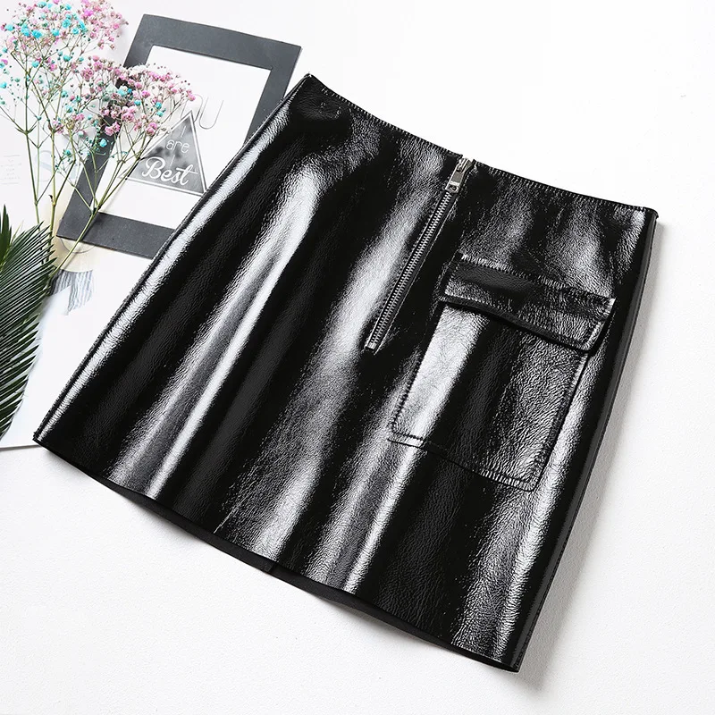 Женская короткая юбка трапеция из натуральной кожи с высокой талией и