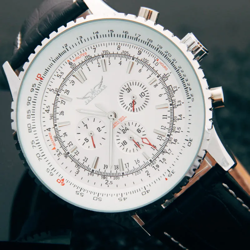 Роскошные мужские механические часы JARAGAR автоматические с кожаным ремешком и