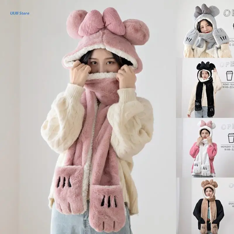 

Winter Bowknot Plush Cat Paw Hat 3 in 1 Beanie with Long Paw Scarf, Mitten Combo