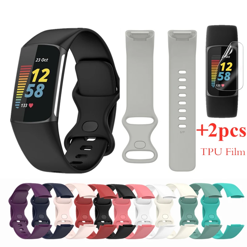 

Silicone Band for Fitbit Charge 5 Sport Watch Strap Bracelet Replacement Wristband + 2pcs TPU Full Screen Protector Film Charge5