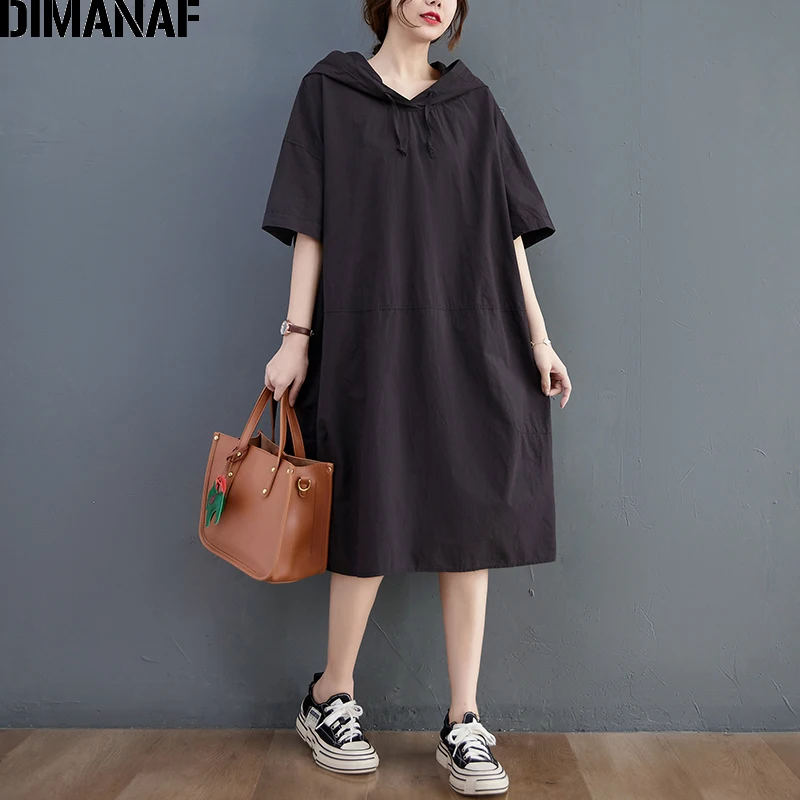 

DIMANAF 2021 Oversize Summer Dress Women Oversize Shirt Dress Basic Lady Long Dress Cotton Casual Solid Black Sundress Hooded