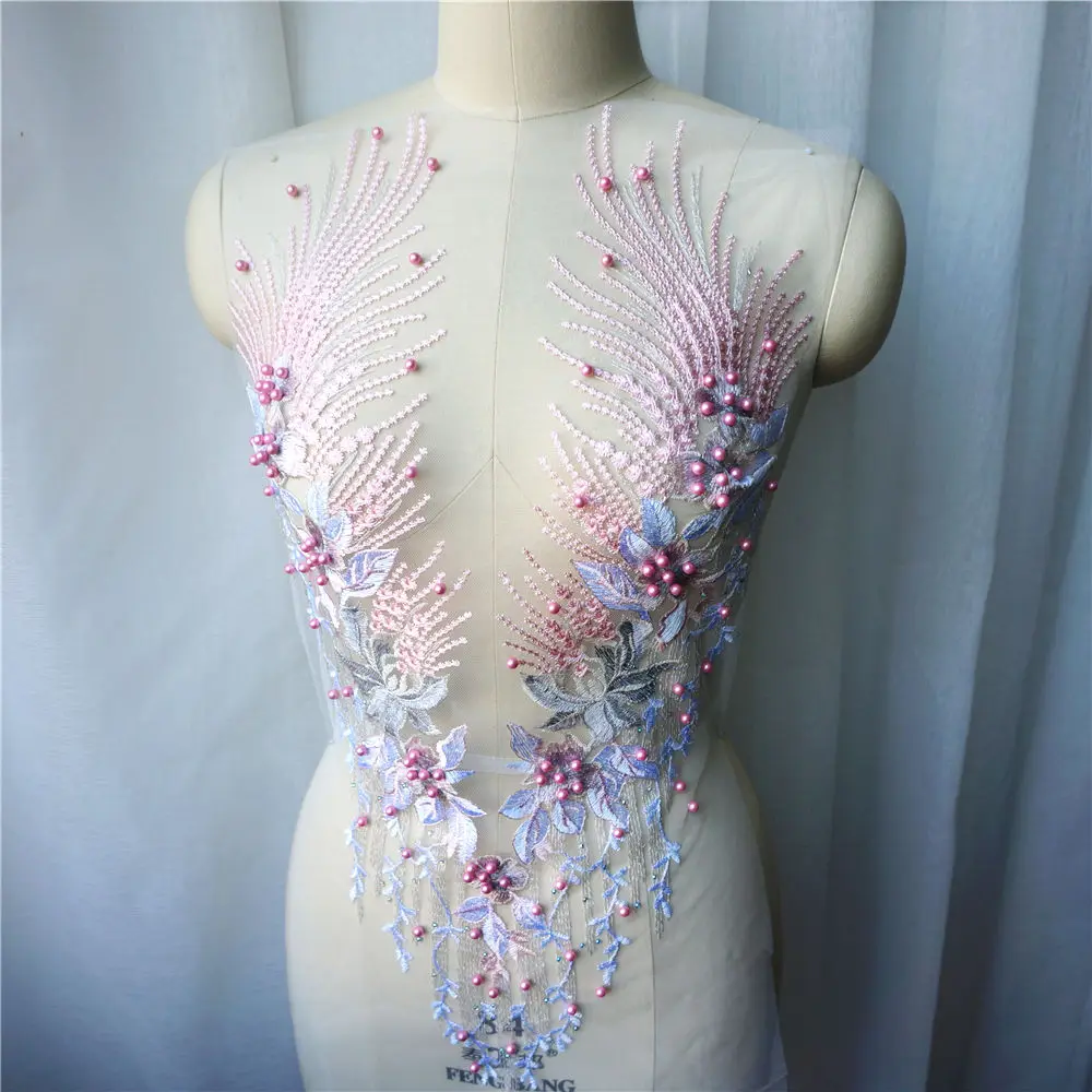 Розовые кружевные ткани цветы кисточки стразы вышивка Аппликации воротник сетка