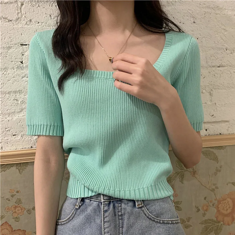 

Design sense niche girl short top women solid ice silk knit sweater thin short-sleeved T-shirt women womens blouses and tops