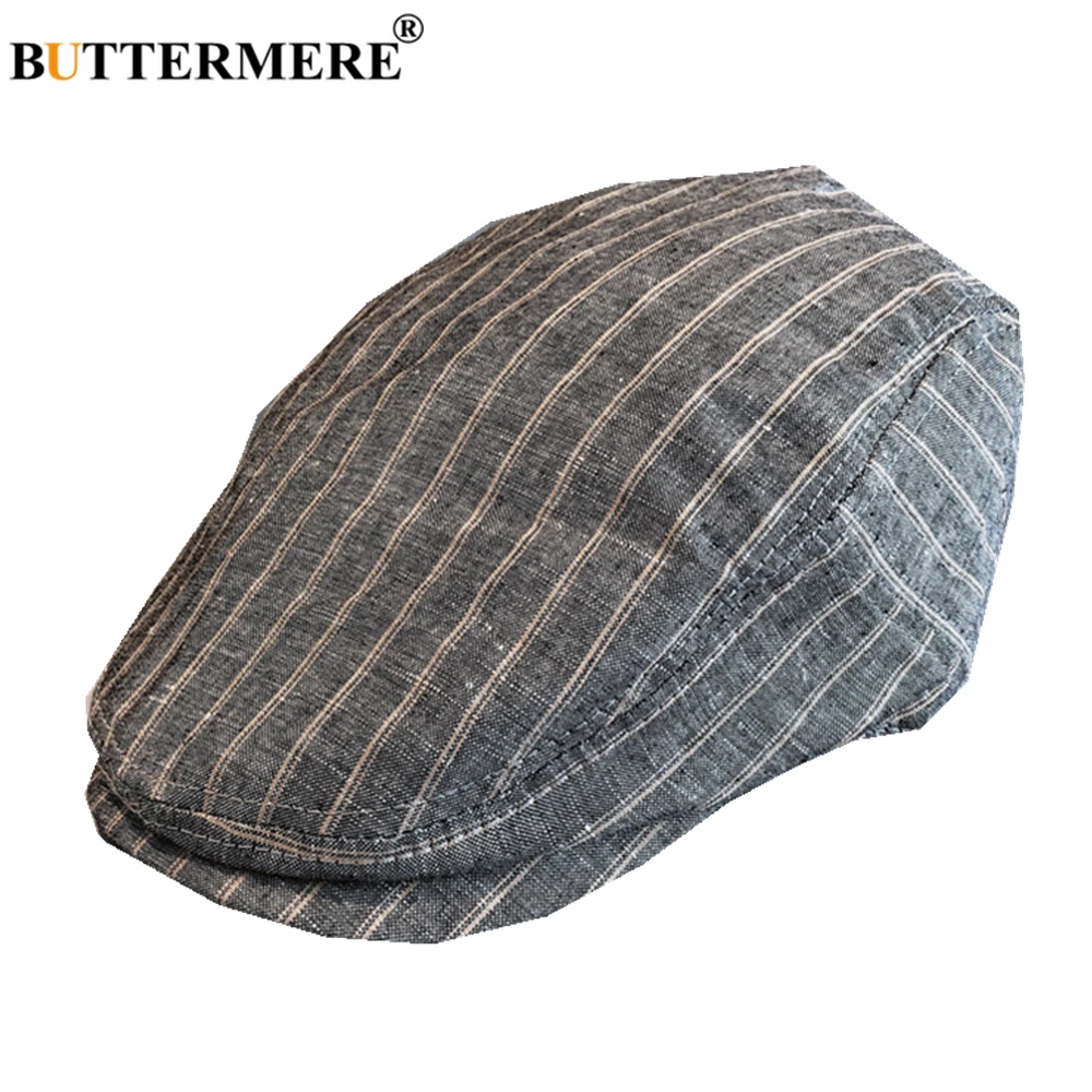 

BUTTERMERE Spring Summer Linen Beret Flat Cap Men Black Gray Striped Breathable Newsboy Cap Duckbill Adjustable Driving Hats