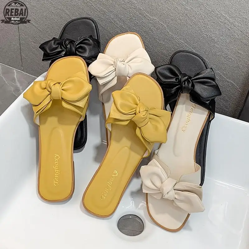 

Summer Ladies Flat Slippers Indoor Non-slip Oversized Bow Decoration Leather Outdoor Slippers Ladies Open Toe Beach Shoe 35-42