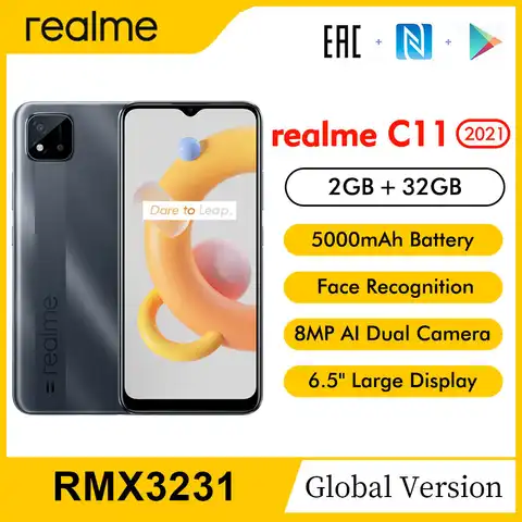 Realme C11 2021 RMX3231 6,5 "HD + Diaplay NFC глобальная версия 2 ГБ 32 ГБ 1600*720 20:9 8 Мп AI камера 5000 мАч OTG 4G мобильный телефон