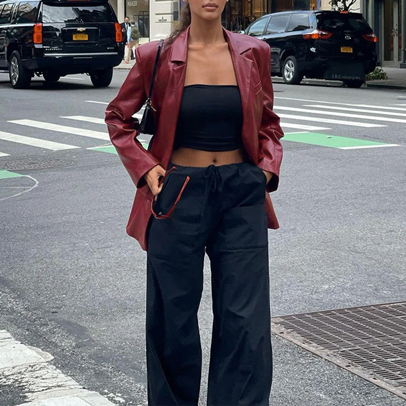 

Women Solid Leather Coat, Long Sleeve Lapel Collar Buttoned Coat with Pockets for Winter Autumn, Women Clothing