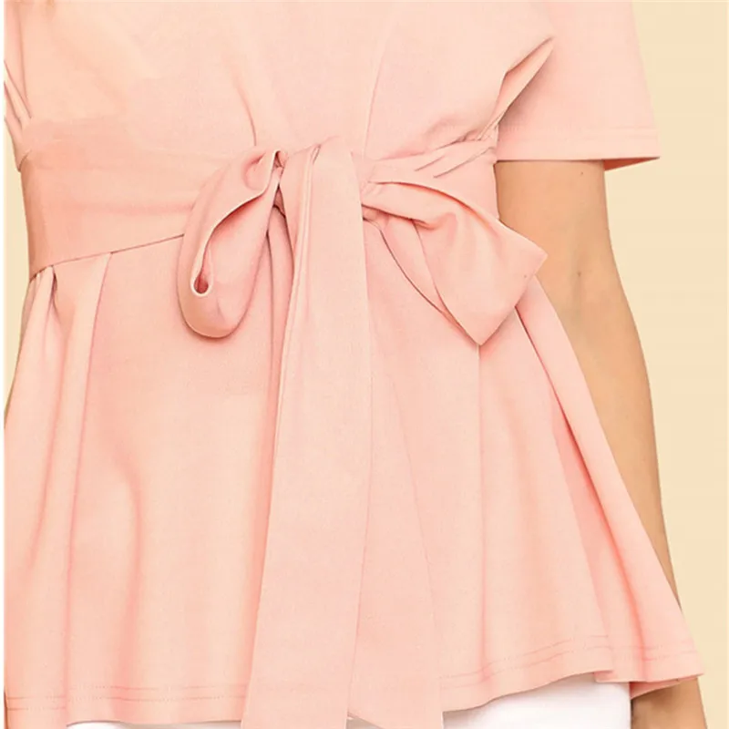 

New 2021 Summer With Belt Tunic Blouse Women Solid Short Sleeve O-neck Casual Office Shirt Tops Pullover Blusas Mujer
