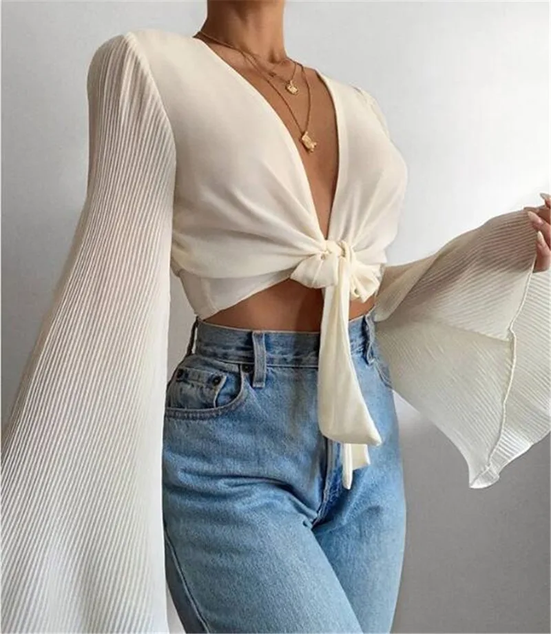 

New Women Cover-Ups Chiffon TopsStrapless White Shirts Summer Top Ruffles V Neck Tank Elegant Long Sleeve Casual Shirt
