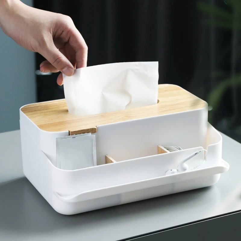 

ZL Wooden Cover Paper Towel Box Kitchen Bathroom Suede Storage Box Napkin Desktop Plastic Storage Box