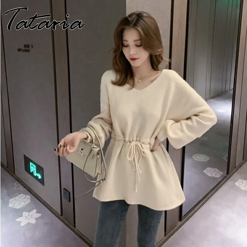 

Женские свитера на шнуровке с v-образным вырезом; Коллекция 2023 года; Сезон осень; Корейские базовые тонкие вязаные пуловеры; Офисные женские мягкие зимние джемперы с рукавами-фонариками