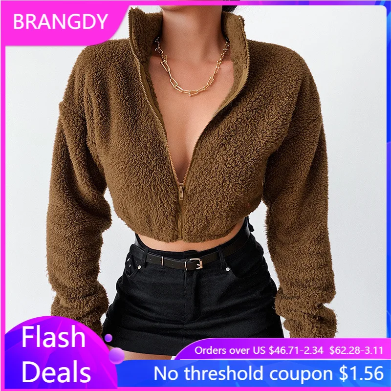 

Brangdy Women's Woman Jacket Winter 2020 Trendsetter Stand Collar Short Zipper Long Sleeve Top Solid Color Lamb Wool Cardigan