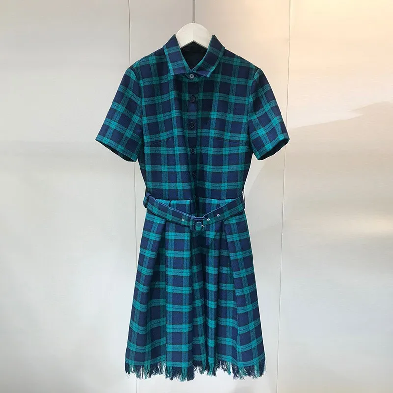 

Женское шерстяное платье в клетку, элегантное зеленое шелковое платье с короткими рукавами и бахромой в Парижском Стиле, осень 2020