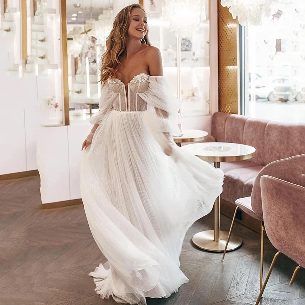 

Charming Wedding Dresses Chiffon Appliques Pleat Sweetheart Off-Shoulder Zipper A-Line Bridal Gowns Novia Do 2021