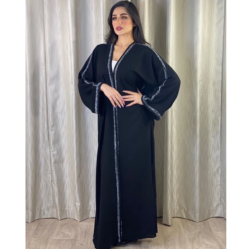 

Muslim Fashion Dress Cardigan Women Dubai Abaya Hand-beaded Premium Black Long Sleeve Loose Fall Fashion Lugentolo