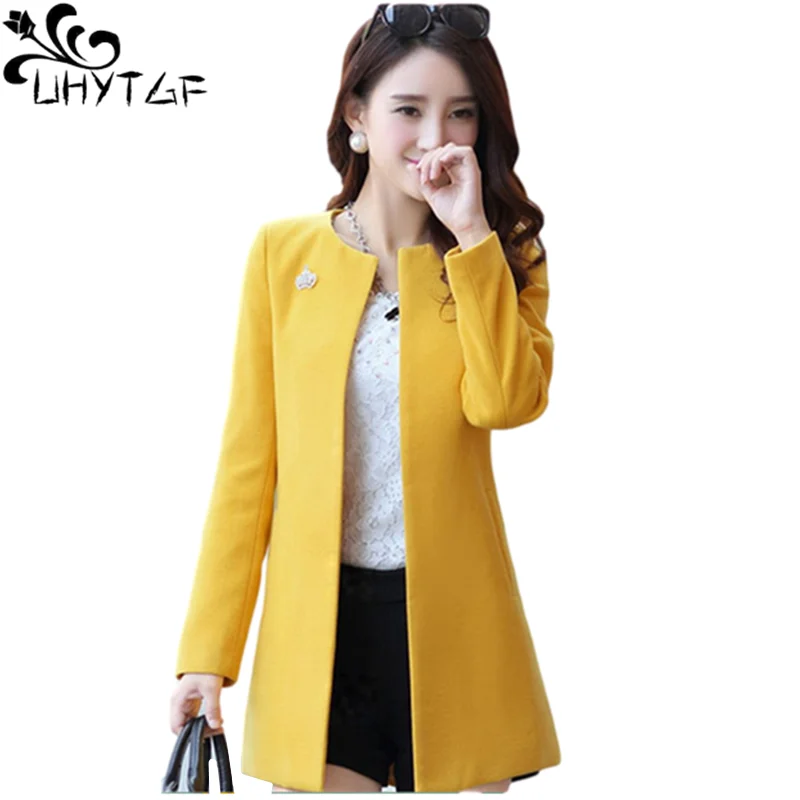 

UHYTGF Autumn Cardigan Cashmere Coat Winter Jacket Women Long O-Neck Woolen Coats Plus size trench lady's Woolen Outerwear 664