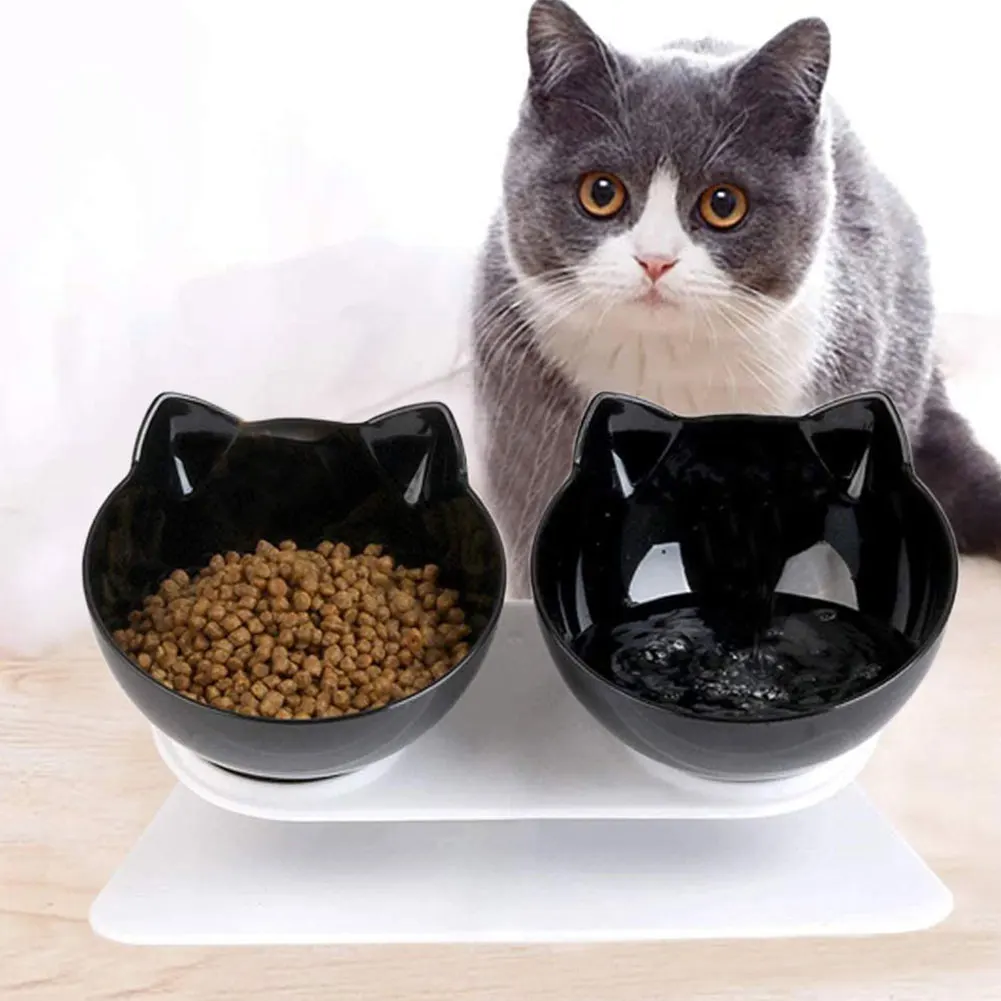 

Pet Bebedero Non-Slip Cat Water Bowl Dog Food Feeder 15 Degree Tilted Miska Platform Feeding Double Adjustable Black 2PCS