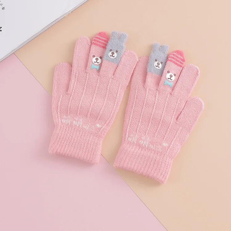 pink Зимние/Осенние перчатки с пальцами для От 3 до 6 лет, теплые мягкие вязаные тонкие перчатки, модные детские перчатки с героями мультфильмов для девочек - Цвет: pink