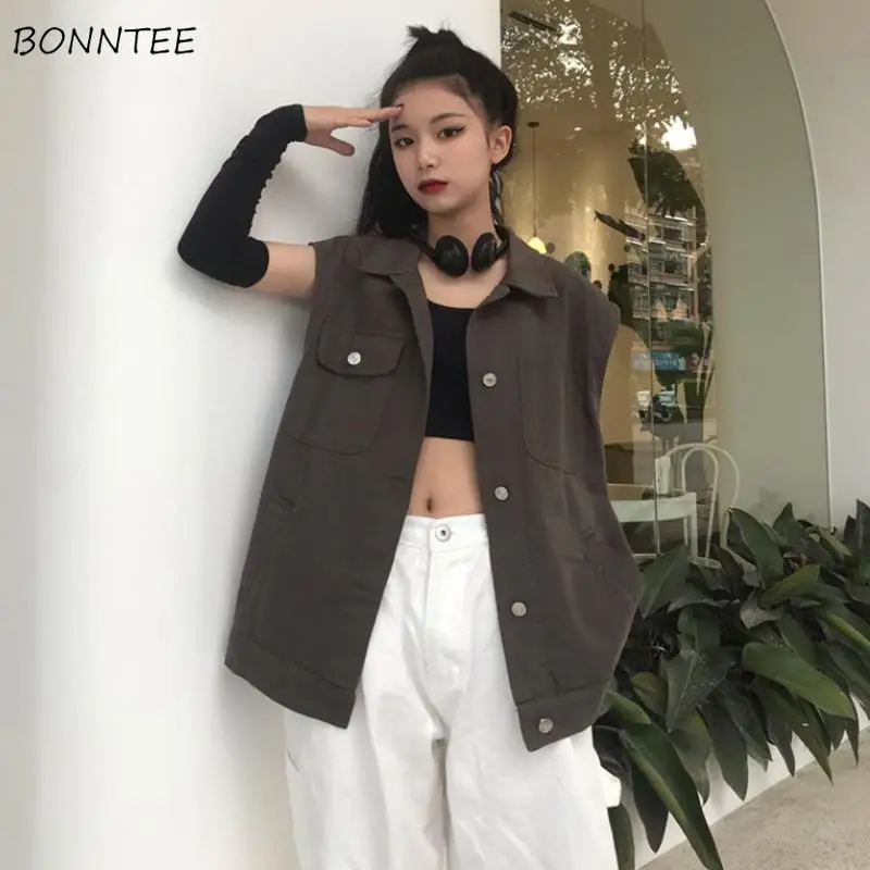 

Solid Women Vest Jacket Loose Waistcoats Korean Cargo Style Fashion Slim All-match Chic Streetwear Students High Quality Simple