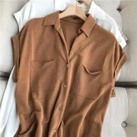 summer womens%e2%80%99 curled sleeve blouse turn down collar t shirt elegant office ladies casual slim pocket shirts tees outwear tops