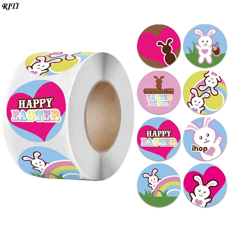

500pcs/set Round Rabbit Bunny Happy Easter Sticker Label For Gift Bag Sealing Sticker Handicraft Decoration