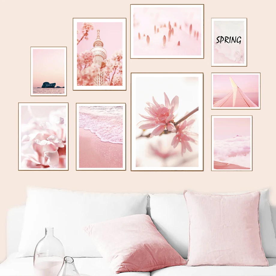 Розовый пляж Весна башня риф пейзаж скандинавские плакаты и принты настенная живопись холст настенные картины для гостиной Декор