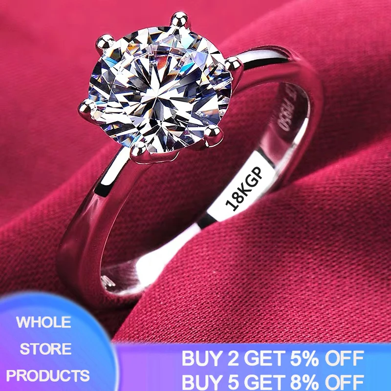 

With Certificate Never Fade 18K White Gold Color Ring Women Solitaire 2.0ct Round Zirconia Diamond Wedding Band Bridal Jewelry