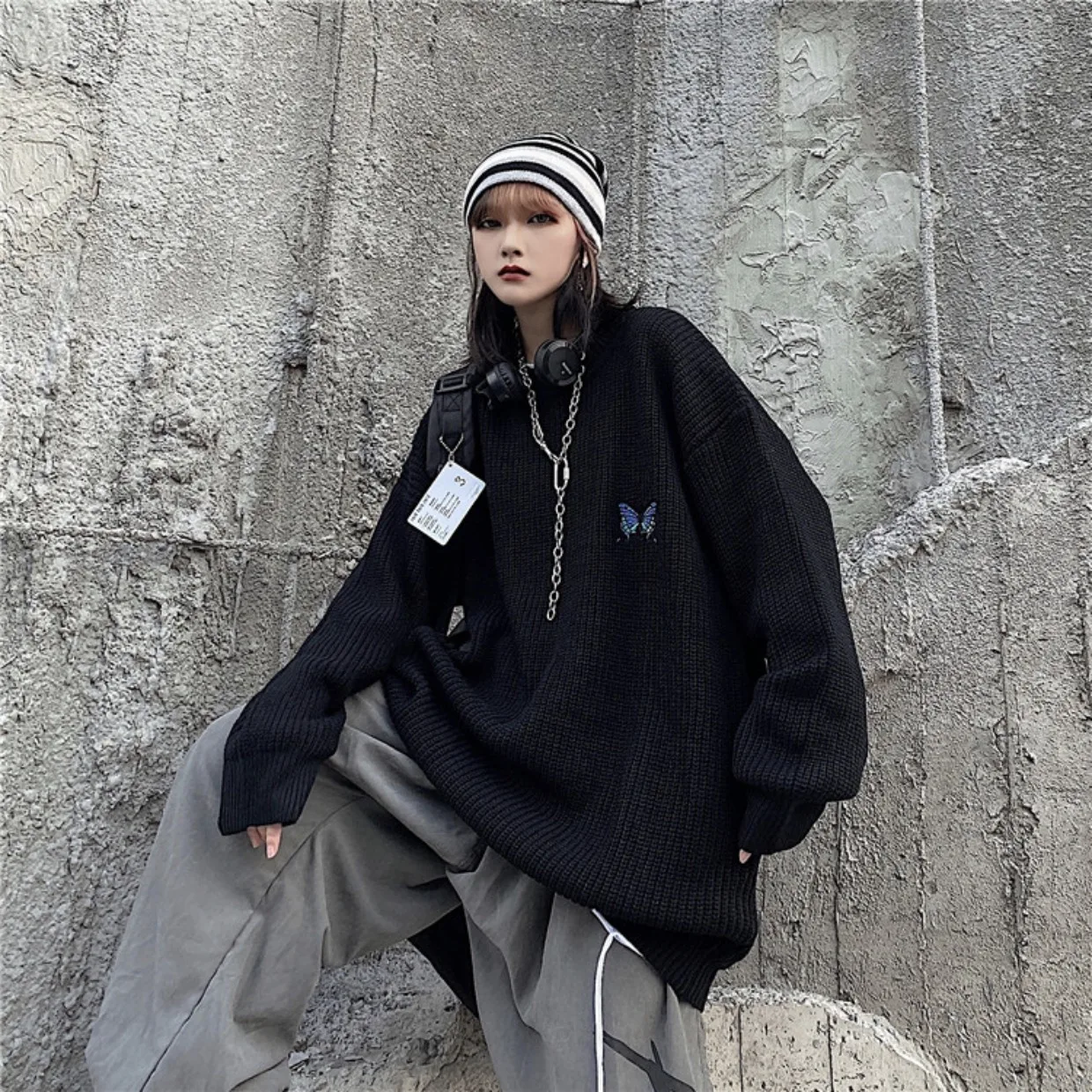 

GDZSHP Butterfly Embroidery sweater for women winter ladies ins retro street Harajuku Fashion pullover Warm Knit Casual Top Pull