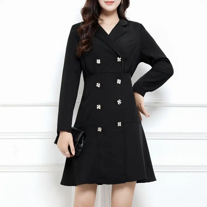 Осеннее платье-блейзер с V-образным вырезом черное повседневное двубортное