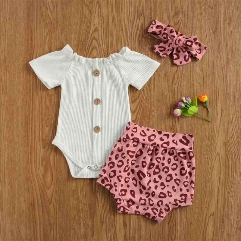 

Newborn Baby Girl Clothes Set Off Shoulder Romper Bodysuit Leopard Shorts 3Pcs