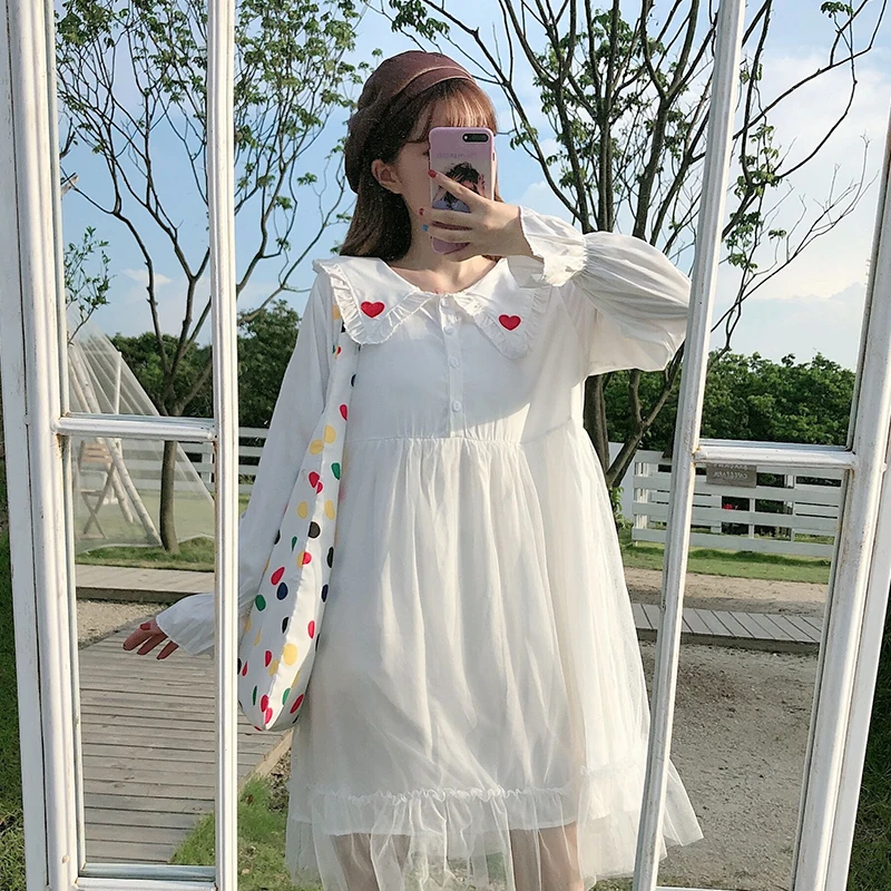 Милое свободное платье в японском стиле с длинным рукавом и воротником Питер Пэн