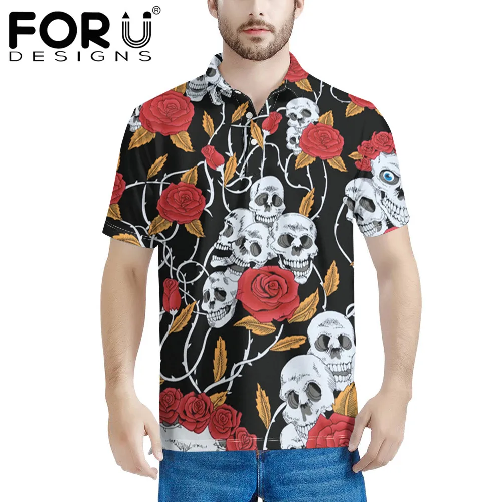 

FORUDESIGNS Men's Round Neck Polos Shirt Dark Skull and Rose Pattern Printing Male Comfort Classic-Fit Short Sleeved T-Shirt