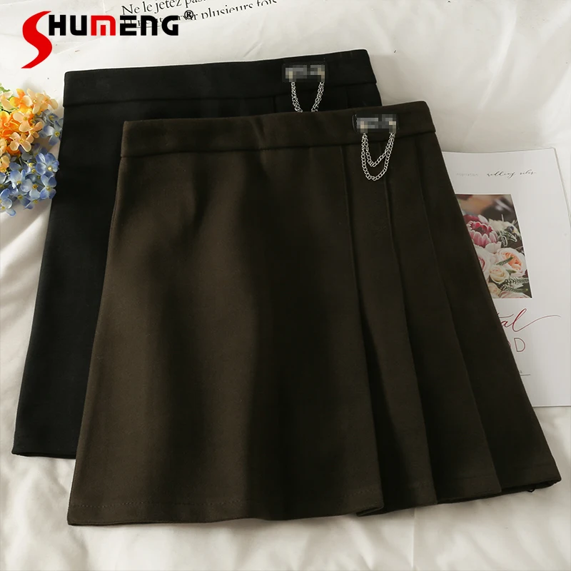 

Женская шерстяная мини-юбка с высокой талией, универсальная короткая трапециевидная офисная юбка в стиле ретро с украшением в виде цепей, о...