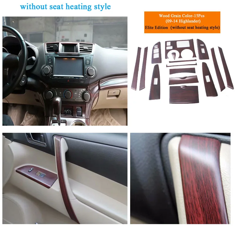 Wood Grain color 15 шт. Автомобильная интерьерная приборная панель для рычага переключения передач накладка наклейки комплект для Toyota Highlander 2009- Аксессуары для стайлинга автомобилей - Название цвета: Wood Grain color